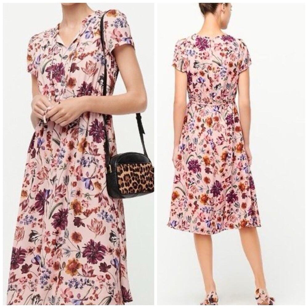 NWT J.Crew Midi Dress Pink Dutch Floral Tie-Neck Short Sleeve Size Small